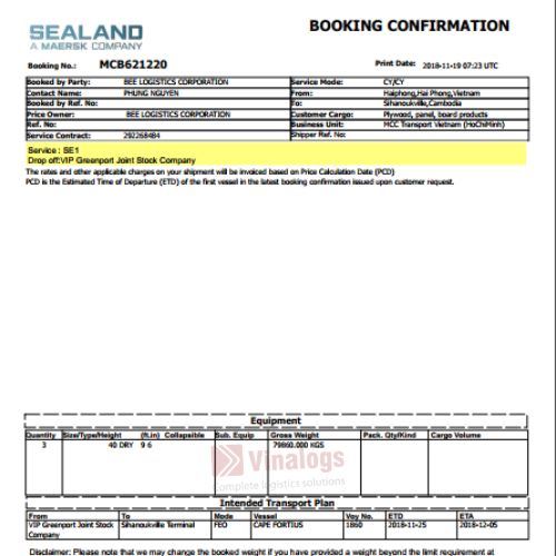 Booking Note confirmation của hãng tàu Sealand