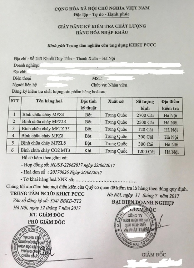 Đăng ký kiểm tra chất lượng bình chữa cháy