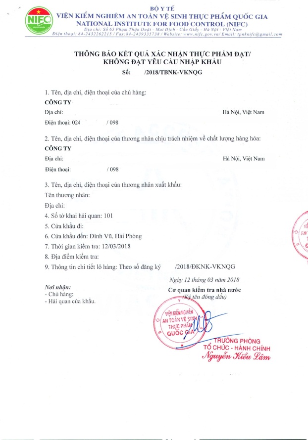 Kết quả kiểm tra chất lượng thực phẩm nk