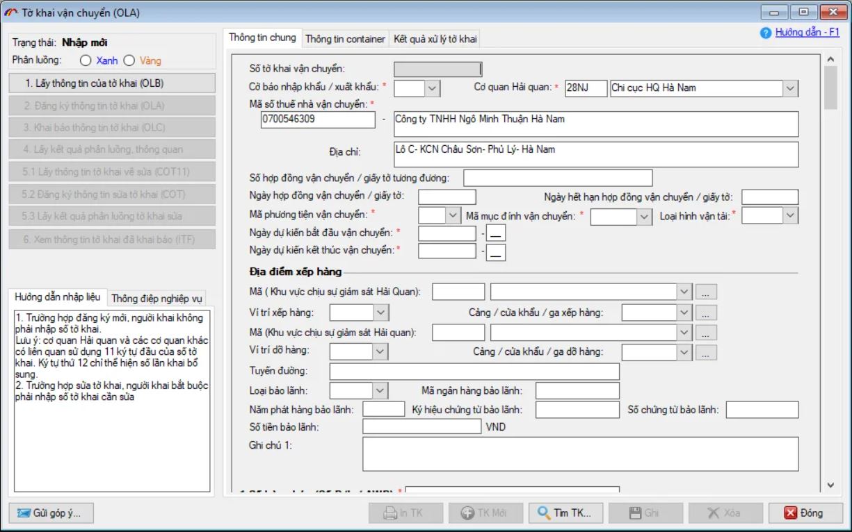 Khai báo tờ khai vận chuyển độc lập OLA