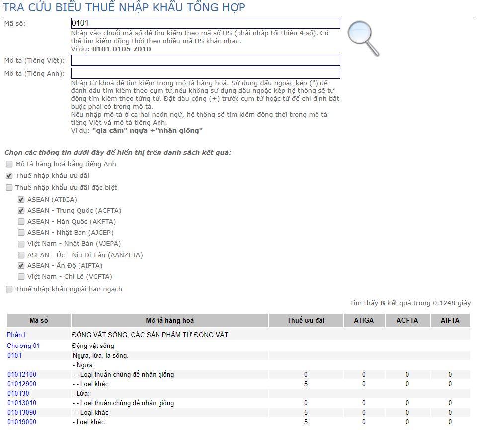 Tra cứu thuế suất xnk trên web TCHQ
